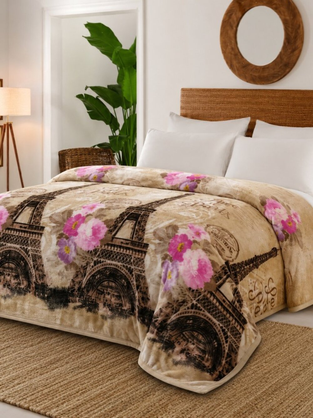 Paris Blanket King Size Eiffel Tower Super Soft Plush Parisian Floral Blanket